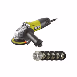 Présentation : Pack RYOBI Meuleuse d'angle 800W - 125mm - RAG800-125G - Kit 6 disques 125 mm , avec un moteur puissant qui pe ...