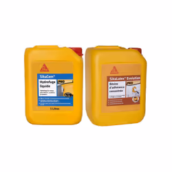Présentation : Pack Maçonnerie SIKA - Hydrofuge de masse liquide SikaCem 5L - Résine d'adhérence SikaLatex EVOLUTION 5L , pou ...