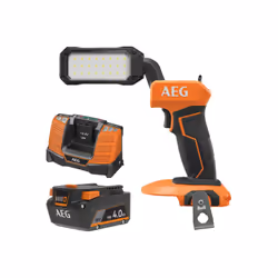 P résentation : Pack AEG 18V - Lampe torche LED pivotante 800 lumens - Batterie 4.0 Ah - Chargeur , profitez de sa tête pivot ...
