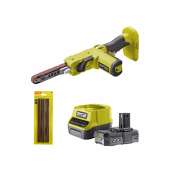 Présentation : Le pack RYOBI Lime électrique 18V One+ R18PF-0 - Kit 3 bandes abrasives - 1 batterie 2.0Ah - 1 chargeur , est ...