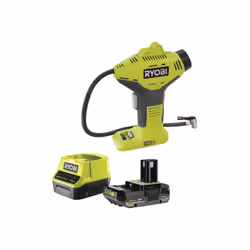 Présentation : Le pack RYOBI contient un compresseur 18V One Plus R18PI-0 et ses accessoires : une batterie 2.0Ah et un charg ...
