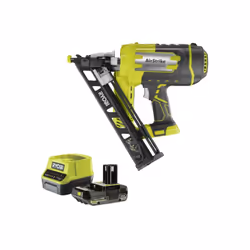 Présentation : Le pack RYOBI Cloueur de finition incliné à air comprimé R15GN18-0 - 18V One+ - 1 batterie 2.0Ah - 1 chargeur  ...