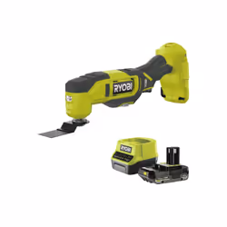 Présentation : Pack RYOBI Multitool RMT18-0 - 18V One+ - 1 batterie 2.0Ah - 1 chargeur rapide RC18120-120 qui contient un out ...