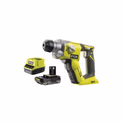 Présentation : Ce pack RYOBI contient un marteau perforateur RYOBI 18V One+ et ses accessoires : une batterie 2.0Ah et un cha ...