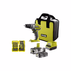 Présentation : Le pack RYOBI Perceuse-visseuse R18DD3-2415BS 18V One+ - 2 batteries 4,0 Ah - 1,5Ah - Chargeur - 38 accessoire ...