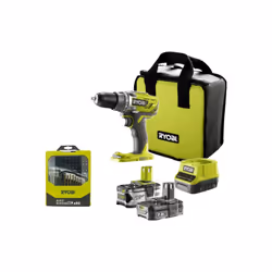 Présentation : Le pack RYOBI Perceuse-visseuse R18DD3-2415BS - 18V One+ - 2 batteries 4,0 Ah - 1,5Ah - Chargeur - Coffret 69 ...