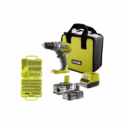 Présentation : Le pack RYOBI Perceuse-visseuse R18DD3-2415BS - 18V One+ - 2 batteries 4,0 Ah - 1,5Ah - Chargeur - Coffret 127 ...