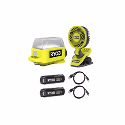 Présentation : Le pack RYOBI 4V Lanterne RLA4-0 - 250 lumens - Ventilateur RCF4-120G - 2 Batteries 2,0Ah - 2 Câbles USB conti ...