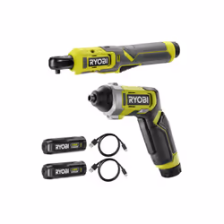 Présentation : Ce p ack RYOBI 4V Clé à cliquet RR14W4-0 - 1/4" - Tournevis RSD4-120T - 2 Batteries 2,0Ah - 2 Câbles USB compr ...
