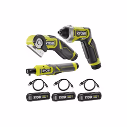 Présentation : Ce pack RYOBI 4V Clé à cliquet - Mini-scie - Tournevis - 10 embouts - 3 Batteries 2,0Ah - 3 Câbles USB contien ...