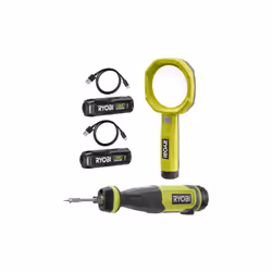 Présentation : Le pack RYOBI 4V Fer à souder - Loupe éclairée - 2 Batteries 2,0Ah - 2 Câbles USB contient un fer à souder ada ...
