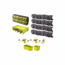 Présentation : Le pack RYOBI Système LINK 4 rails muraux - Étagère - Organisateur - Crochet double - 2 Crochets simple - Bac  ...