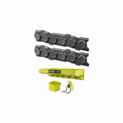 Présentation : Le pack RYOBI Système LINK 2 rails muraux - Tablette polyvalente - Bac simple - Crochet double long rassemble  ...