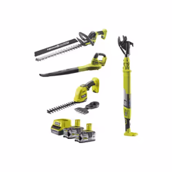 Description générale Le pack RYOBI 18V Taille-haies - Cisaille / Sculpteur de végétaux - Coupe-branches - Souffleur - 2 Batte ...