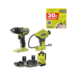 Ryobi - Perceuse-visseuse à percussion 18V One+ Brushless - Batteries 2,0 et 4,0Ah - Chargeur - Compresseur offert