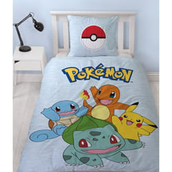 Pokémon Parure de Lit Enfant Imprimée Réversible Pikachu Starter Team Housse de Couette 140x200 cm Taie d'Oreiller 63x63 cm