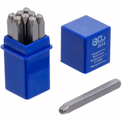 JEU DE 9 CHIFFRES A FRAPPER Marque BGS Hauteur des chiffres 3 mm Contient les 9 chiffres : 1 - 2 - 3 - 4 - 5 - 6 - 7 - 8 - 0  ...