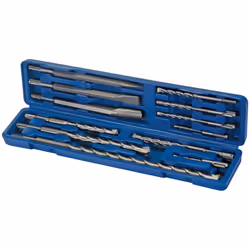 Coffret de burins et de forets SDS Plus à maçonnerie 12 pièces Jeu de 9 forets : - Ø 5,5 et 6 mm longueur 110 mm. - Ø 8, 10 e ...