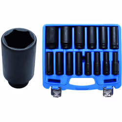Coffret de 14 douilles à chocs Dimensions: 10-12-13-14-15-17-18-19-21-22-24-27-30-32 mmCouple max : 176 à 682 Nm Acier au chr ...