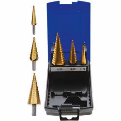 Ce coffret comprend 3 forets à étages en nitrure de titane : - Foret étagé Ø 4 - 12 mm avec les étages suivants : 4 - 5 - 6 - ...