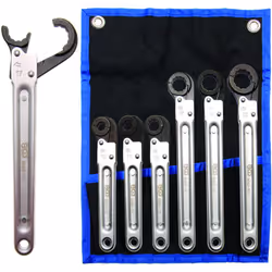 Jeu de 6 clés à tuyauter à cliquet BGS TECHNIC. Dimensions: 10 - 11 - 13 - 17 - 19 et 22 mm. Adapté pour travailler sur des r ...