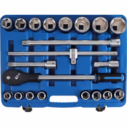 Coffret clés à douilles poids lourds Chrome Vanadium Côtes métriques - 16 douilles 6 pans de : 19-21-22-23-24-26-27-30-32-34- ...