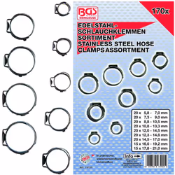 Colliers de durite à 1 oreille en Inox à sertir. Type oetiker Modèle à plage de serrage Assortiment de 170 pièces Contient le ...