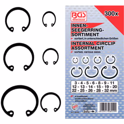 ASSORTIMENT DE CIRCLIPS INTERIEURS DE 3 A 32 MM / 300 PIECES comprend les circlips suivants : 20 pièces : Ø 3 mm 10 pièces : ...