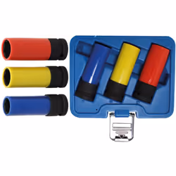 Jeu de 3 douilles à choc 6 pans avec protection pour jantes ALU - Dimensions : 17 - 19 - 21 mm.- La couleur repère la taille. ...