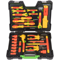 Coffret de 26 outils isolés 1000V. Carré conducteur 3/8 Comprend : - cliquet réversible VDE de 72 dents (denture fine) avec b ...