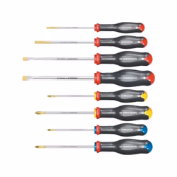 Jeu de 8 tournevis PROTWIST - 8 pièces Contient les dimensions : - Plats = 4 x 100 - 5,5 x 125 - 6,5 x 150 et 8 x 150. - Cruc ...