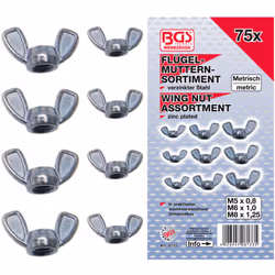 Assortiment métrique d'écrous à ailettes ou écrous papillon Dimensions : - M5 x 0,8 - M6 x 1,0 - M8 x 1,25 Coffret 75 écrous  ...