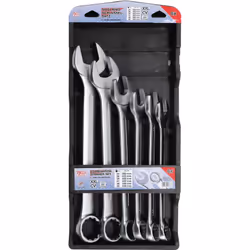 Jeu de 6 clés mixtes en acier au chrome vanadium Oeil coudé à 15 Empreinte côté anneau : 12 pans Dimensions : 34-36-38-41-46- ...