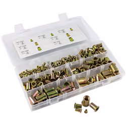 Assortiment d'inserts filetés de M3 à M12. En acier zingué bichromaté. Comprend : - M3 (50 pcs) - M4 (50 pcs) - M5 (50 pcs) - ...