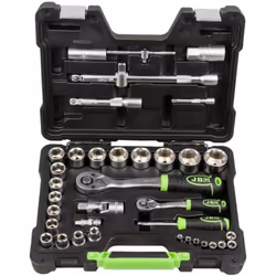 Coffret de douilles en pouces (37 pcs) Le coffret comprend : Carré d'entrainement 1/4 : - Cliquet à 24 dents de 1/4 - 8 douil ...