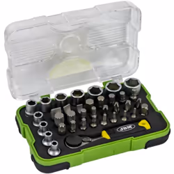 Coffret douilles et embouts 1/4 avec mini cliquet. Comprend : - Un mini cliquet 80 mm à 72 dents avec carré 1/4 . - Douilles  ...