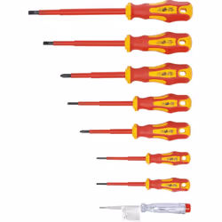 Jeu de 8 tournevis isolés plats et cruciformes Poignée bi-composant antidérapant Avec perforation pour le suspendre Testé VDE ...