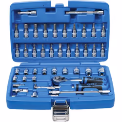 Coffret de douilles 1/4 en pouces - 46 pièces Le coffret contient (carré d'entrainement 1/4 6,3 mm) : Cliquet 72 dents. Rallo ...