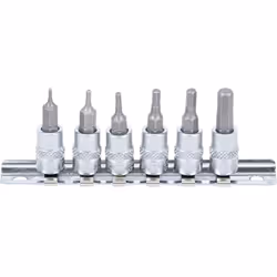 Jeu de 6 douilles embouts 6 pans mâles carré 1/4 Acier chrome vanadiumLivrés sur rail Dimensions (côtes métriques) : 1,5 - 2  ...