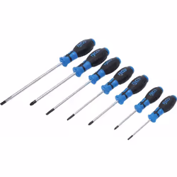 Jeu de 7 Tournevis plats et cruciformes Manche ergonomique bi composant antidérapant. Comprend les dimensions suivantes : Tou ...