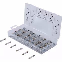 Assortiment de fusibles verre - 120 pcs Comprend 20 fusibles (Ø6 x 30 mm) de chacun des ampérages suivants : 5 A - 10 A - 15  ...