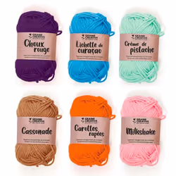 6 fils de coton spécial crochet 55 m - rose-orange-camel-vert clair-turquoise-violet