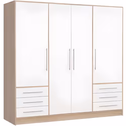 Armoire dressing - FARO - 4 portes - Blanc - Chêne clair - 6 tiroirs