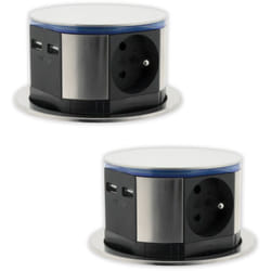 Otio - Lot de 2 blocs multiprises encastrables compact led 3 prises 16A 2P+T & 2x usb - Inox