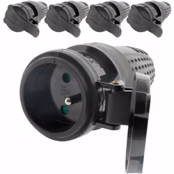 Fiche électrique femelle en caoutchouc étanche IP44 2P+T 16A de couleur noire. Puissance 3680W max sous 230V~. Certifié NF. N ...