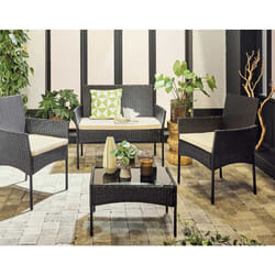 Bestmobilier - Marbella - salon bas de jardin 4 places - en résine tressée - noir avec coussins beiges - noir / blanc