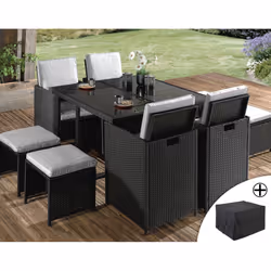 Best Mobilier Fira, Noir, Métal, Résine, 10 siège(s), 1 table en verre trempé, 6 chaises avec coussins d'assise, 4 poufs avec ...