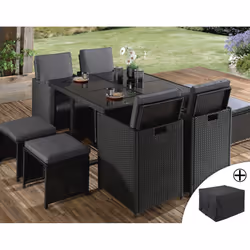 Best Mobilier Fira, Noir, Métal, Résine, 10 siège(s), 1 table en verre trempé, 6 chaises avec coussins d'assise, 4 poufs avec ...