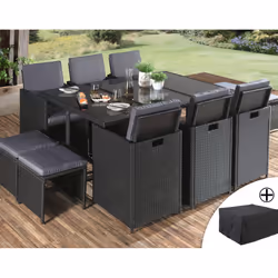 Best Mobilier Fira, Noir, Métal, Résine, 12 siège(s), 1 table en verre trempé, 8 chaises avec coussins d'assise, 4 poufs avec ...