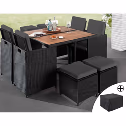Best Mobilier Cuba, Noir, Métal, Résine, 10 siège(s), 1 table en acacia, 6 chaises et 4 poufs encastrables, 1 pièce(s), 1700  ...